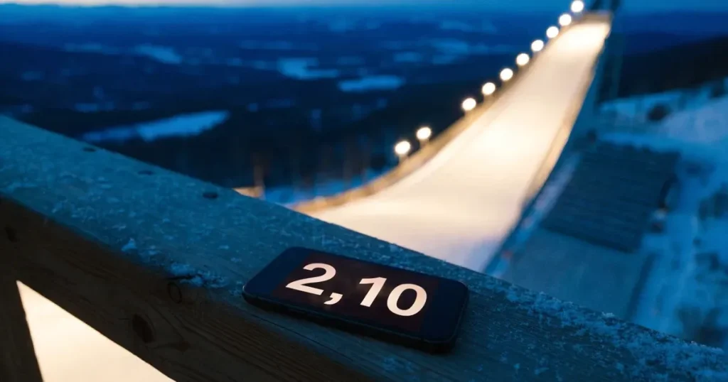Eine Skisprungschanze im Flutlicht, aus dem Tal gesehen, der Hang liegt im Schnee.