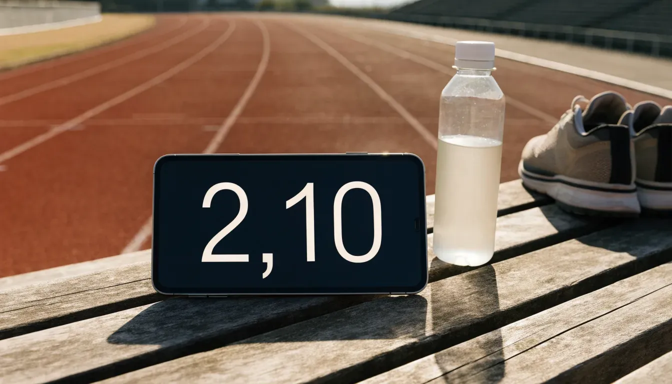 Ein Smartphone mit dunklem Bildschirm lehnt an einer Wasserflasche, daneben stehen Laufschuhe auf einer Bank am Sportplatz.