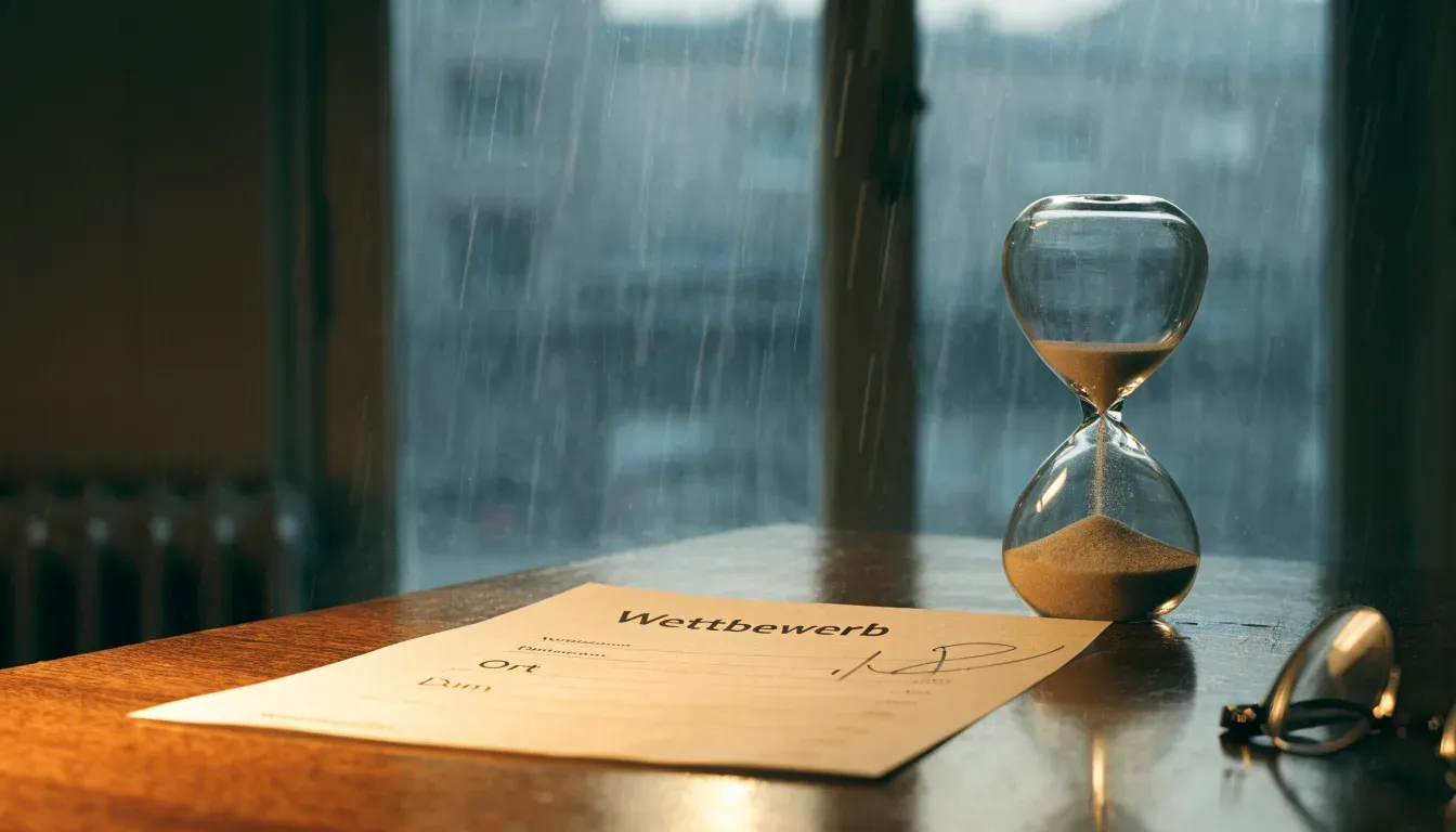 Eine Sanduhr steht auf einem Holztisch neben einer Brille, hinter dem Fenster laufen Regentropfen über das Glas.