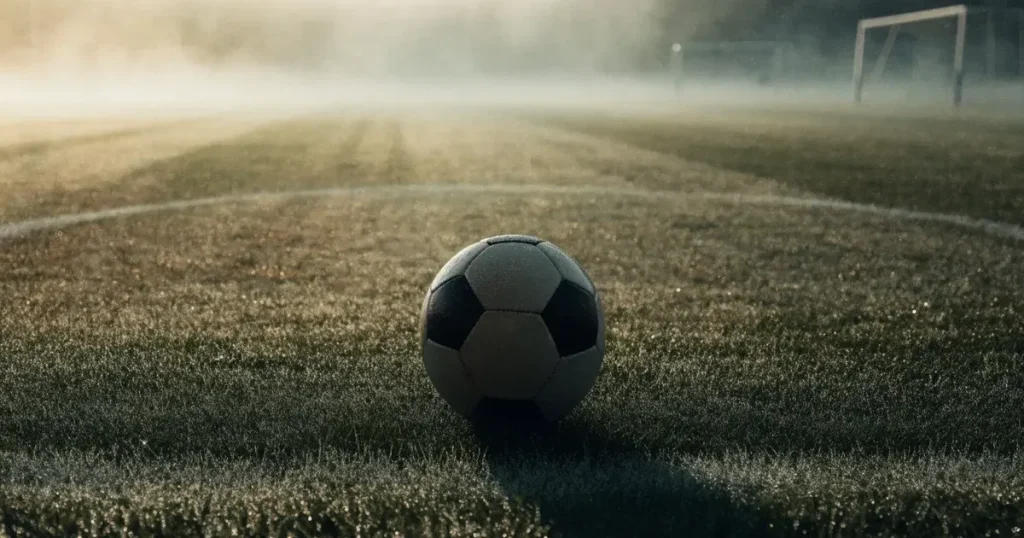 Ein Fussballplatz im Morgennebel, im Mittelkreis liegt ein einzelner Ball und der Rasen glänzt vom Tau.