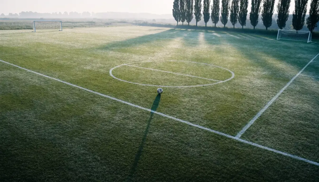 Ein leerer Fussballplatz mit weissen Linien von oben gesehen im Morgenlicht, am Rand stehen zwei Tore und eine Reihe Pappeln.