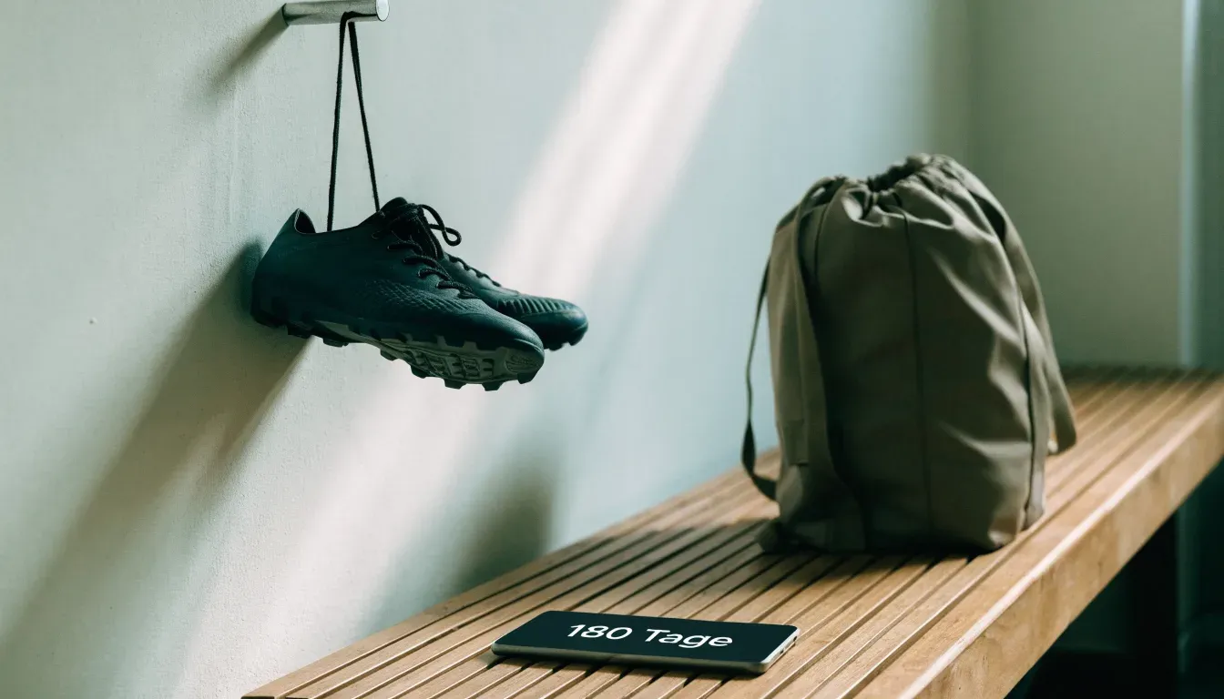 Ein Paar Fussballschuhe hängt an einem Haken in einer ruhigen Umkleide, darunter steht eine Sporttasche auf einer Holzbank.
