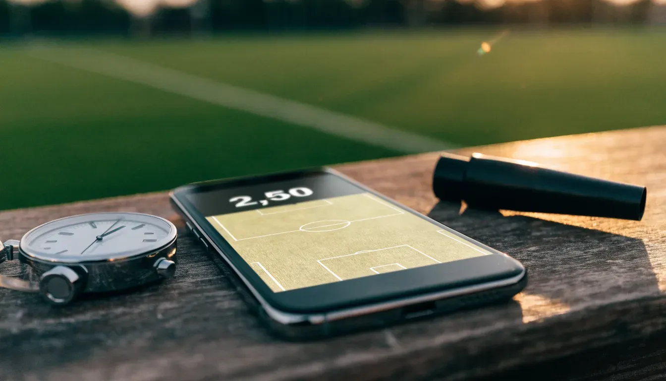 Eine Stoppuhr liegt neben einer Trillerpfeife auf einem Stück Rasen an der Seitenlinie eines Fussballfelds im Gegenlicht.