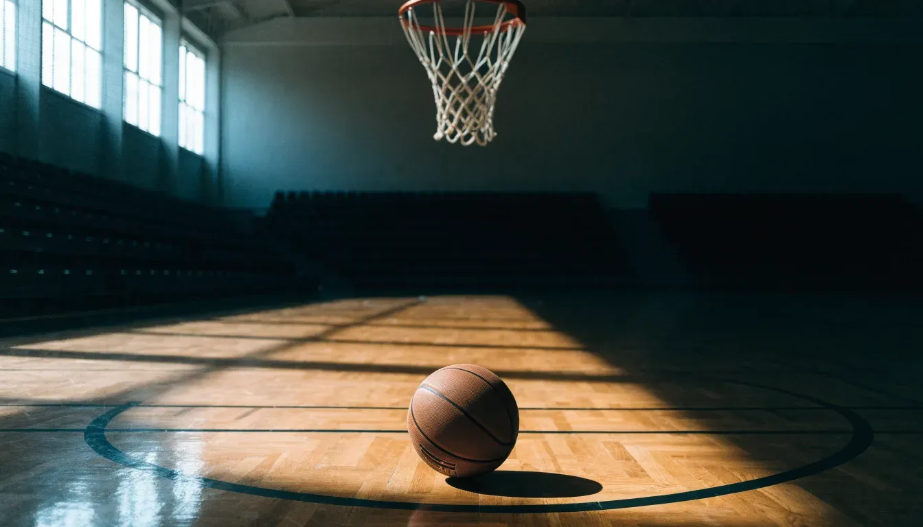 Ein Basketball liegt unter dem Korb in einer leeren Sporthalle, durch hohe Fenster fällt Tageslicht auf das Parkett.