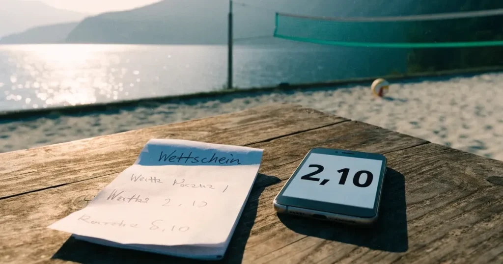Ein Volleyball liegt am Fuss des Netzes auf Sand, im Hintergrund glitzert ein See und ein Bergzug steht im Dunst.