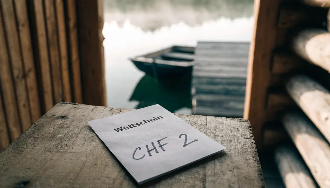 Ein Ruderboot liegt an einem Steg am Ufer eines Sees, über dem Wasser steigt dünner Nebel auf.