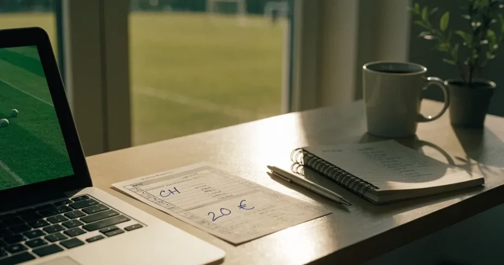Ein aufgeräumter Schreibtisch mit Pflanze und Tasse in einem Heimbüro, vor dem Fenster liegt ein Fussballplatz im Gegenlicht.
