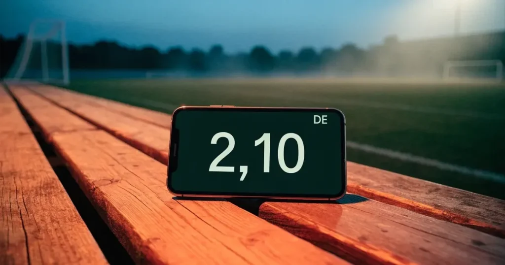 Ein Fernglas liegt auf einer leeren Holzbank an der Seitenlinie eines Fussballfelds, vom Rasen steigt Nebel auf.