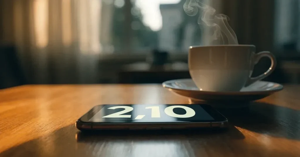 Ein Smartphone mit dunklem Display liegt auf einem Holztisch neben einer Kaffeetasse, durch das Fenster fällt warmes Abendlicht.