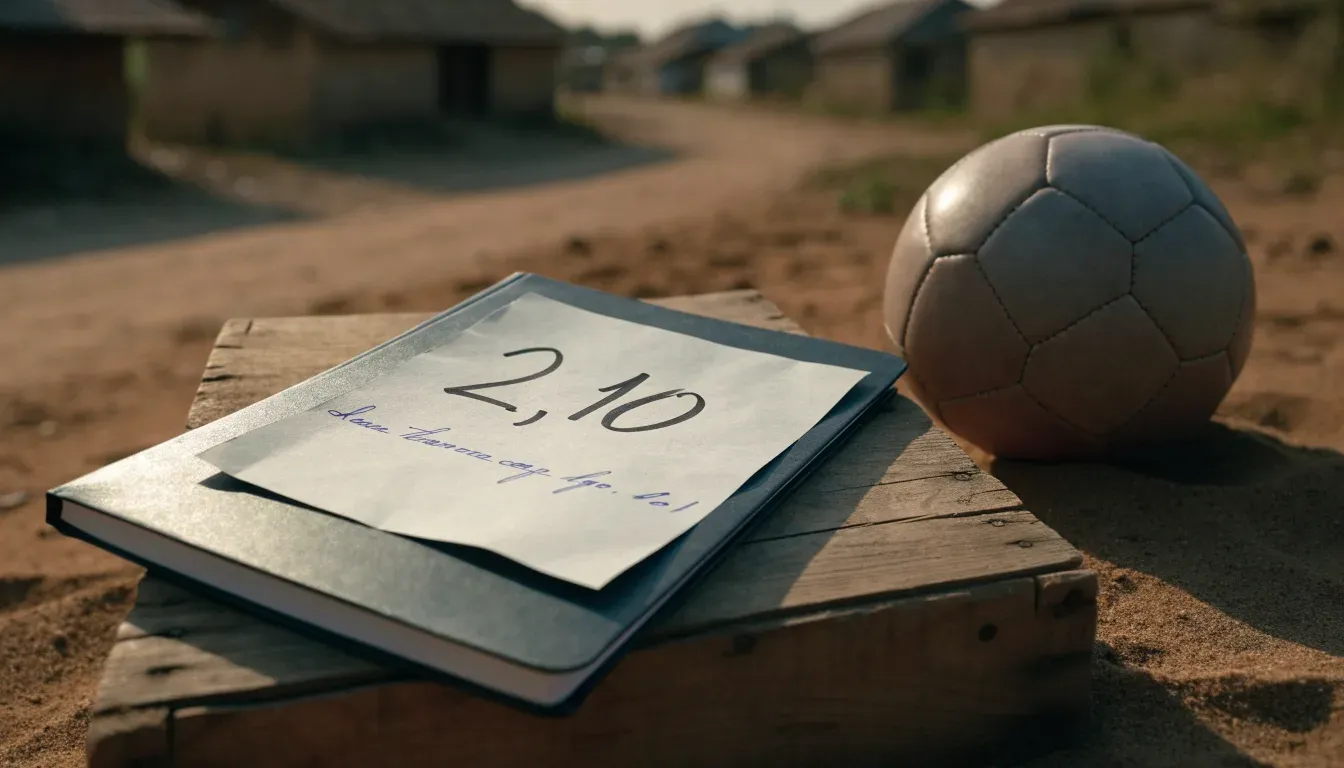 Ein Fussball liegt auf rotbraunem Sand am Rand eines Dorfes, die Abendsonne wirft lange Schatten.