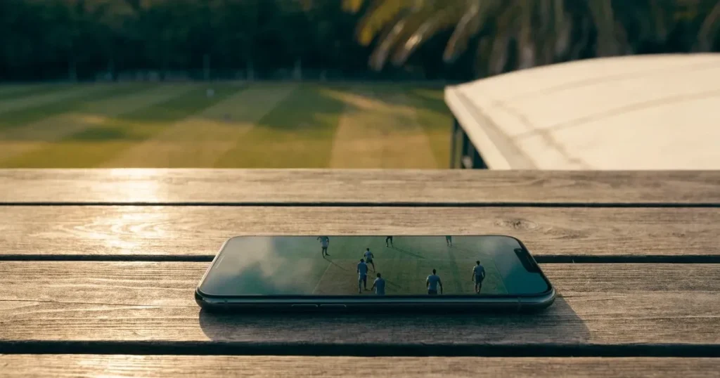 Ein ausgetrockneter Fussballplatz mit Rasenstreifen im warmen Nachmittagslicht, im Hintergrund Palmen und ein flaches Stadiondach.