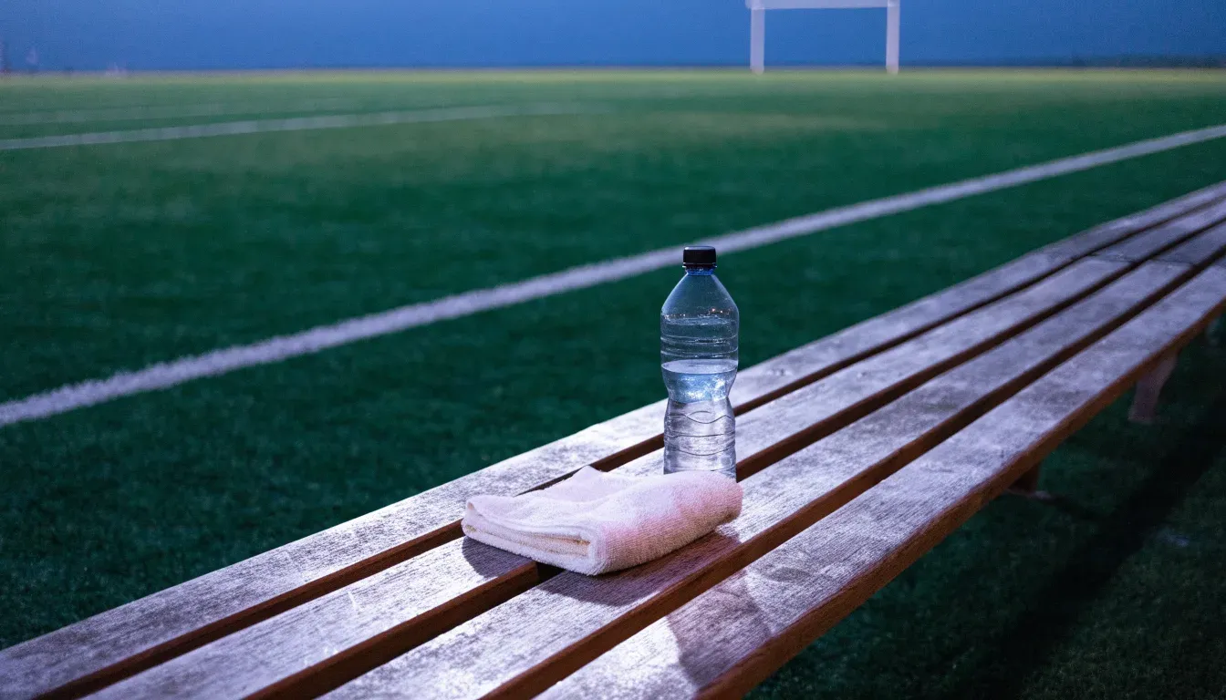 Eine Trinkflasche und ein Handtuch liegen auf einer Holzbank am leeren Spielfeldrand unter dem Licht der Flutlichter.