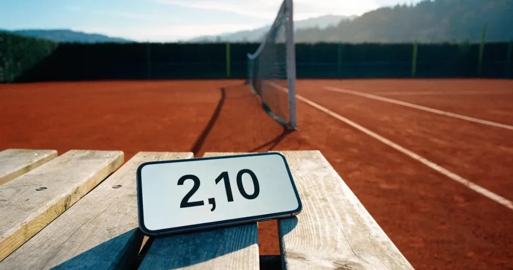 Ein Sandplatz im ersten Morgenlicht, die Linien sind frisch gezogen, das Netz bewegt sich leicht im Wind, Berge im Dunst.