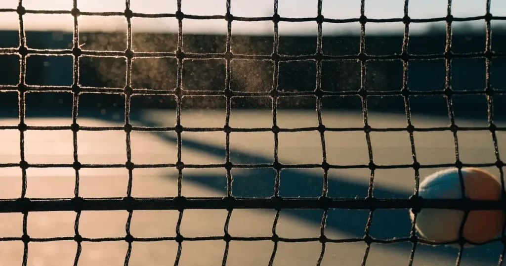 Ein Tennisnetz in Nahaufnahme im Gegenlicht der tiefstehenden Sonne, feine Staubkörner schweben über dem Platz.