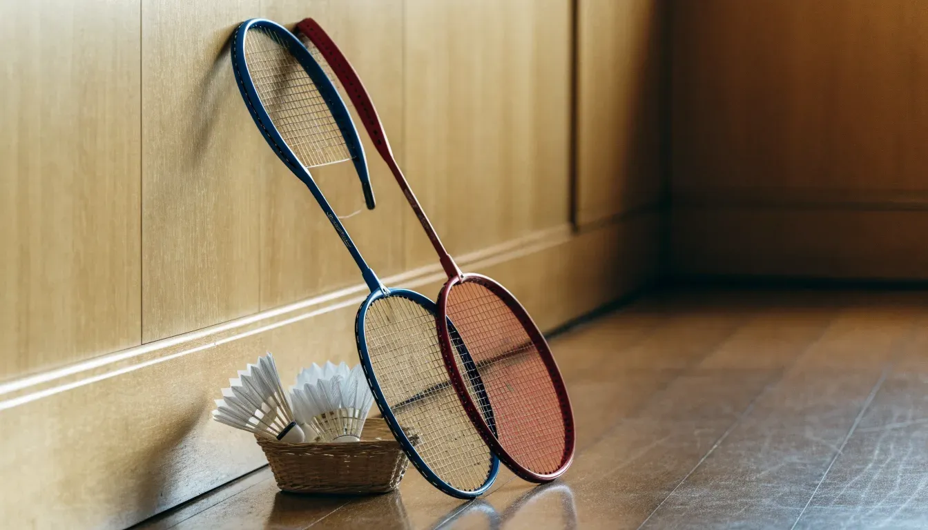 Zwei Badmintonschläger lehnen gekreuzt an einer Hallenwand aus Holz, daneben steht ein Korb mit Federbällen.