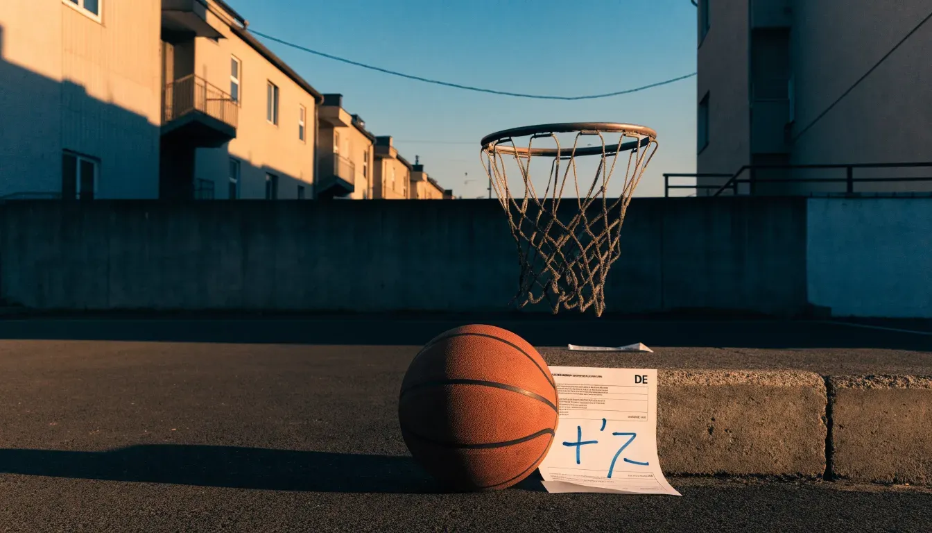 Ein Basketball liegt auf einem Asphaltplatz in einem Hinterhof zwischen Wohnblöcken, das Abendlicht färbt die Wände warm.