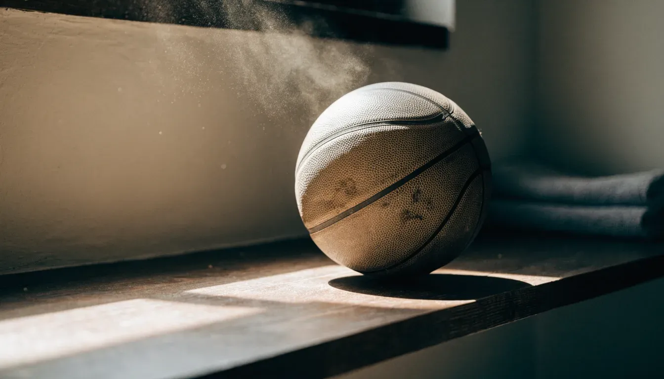 Ein abgenutzter Lederball liegt auf einem Holzregal in einem Vereinsraum, ein Sonnenstrahl macht den Staub sichtbar.