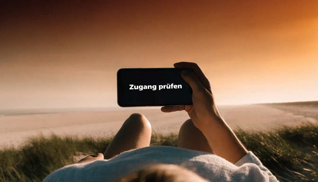 Spuren im Sand führen durch Dünengras auf den Horizont zu, die Sonne steht tief und färbt den Himmel orange.
