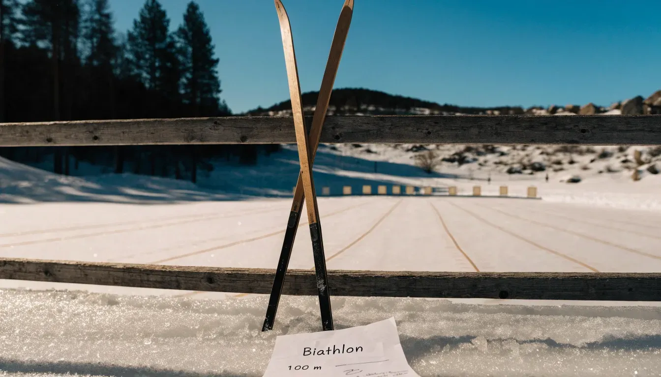 Ein Paar Langlaufskier steckt aufrecht im Schnee neben einem Holzzaun, die Sonne glitzert auf Eiskristallen.