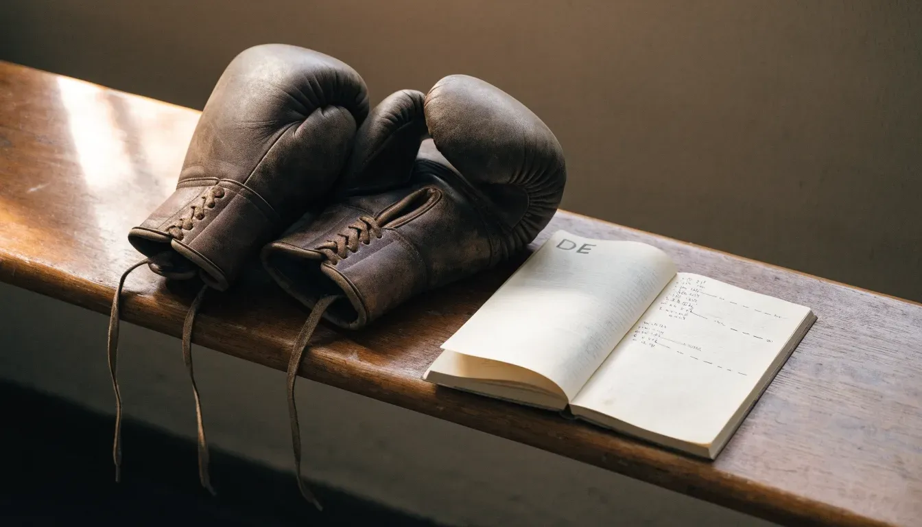 Ein Paar Boxhandschuhe aus Leder liegt auf einer Holzbank neben einem Notizbuch mit handgeschriebenen Zeilen, warmes Fensterlicht