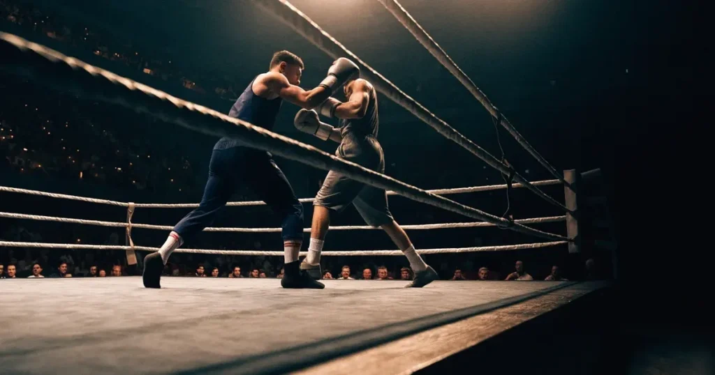 Ein leerer Boxring mit gespannten Seilen unter hellem Hallenlicht, dahinter ansteigende Zuschauerränge in einer grossen dunklen Halle
