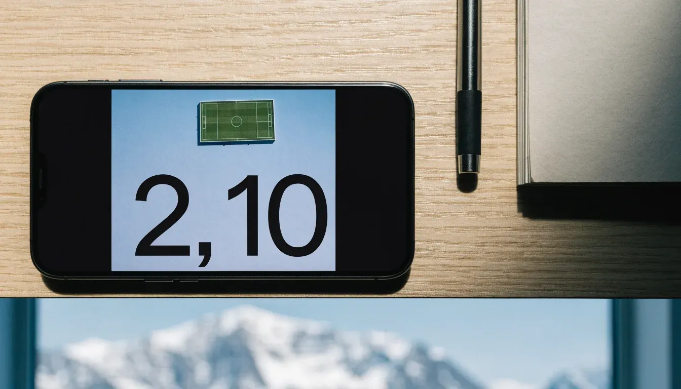 Ein Smartphone mit dunklem Bildschirm liegt auf einem Holztisch vor einem Fenster mit Blick auf schneebedeckte Gipfel
