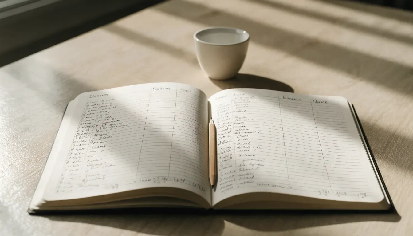 Ein aufgeschlagenes Notizbuch mit handgeschriebenen Spalten und ein Bleistift neben einer Tasse Kaffee auf einem Holztisch am Morgen