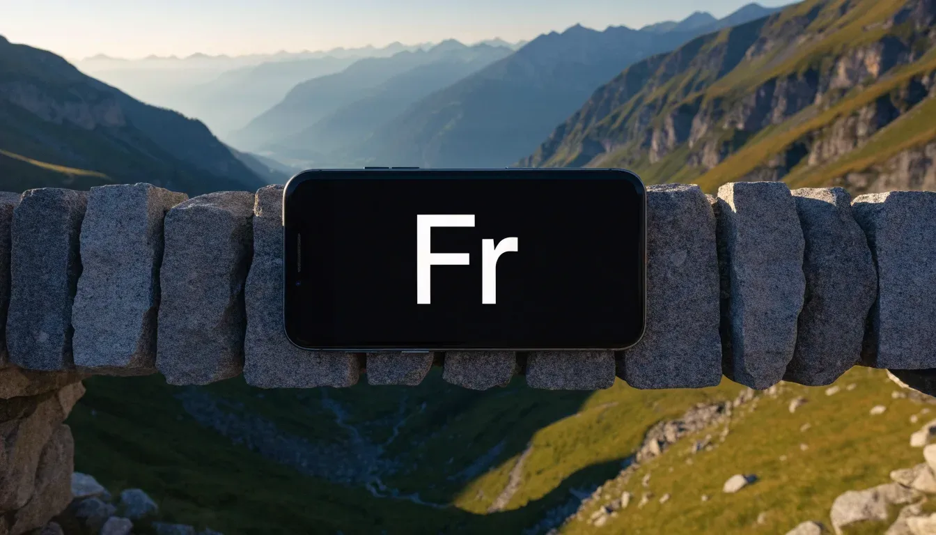 Ein Smartphone mit dunklem Display liegt auf einer Steinmauer, dahinter ein Alpental im Abendlicht