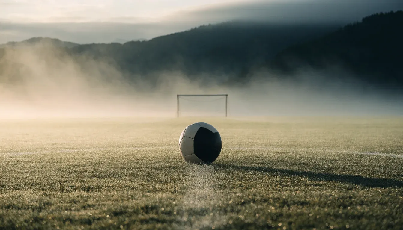 Ein einzelner Fussball auf dem Mittelpunkt eines leeren Rasens im Morgennebel, hinter dem Tor ragen Berge auf