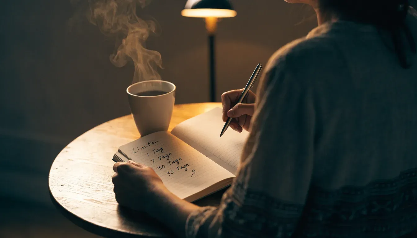 Ein Notizbuch mit handschriftlichen Einträgen und eine Tasse Tee stehen auf einem Tisch neben einer Stehlampe