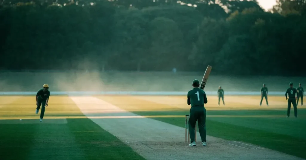 Ein ovales Cricketfeld mit gemähtem Rasen und hellem Mittelstreifen am frühen Morgen, Nebel zwischen den Bäumen am Rand