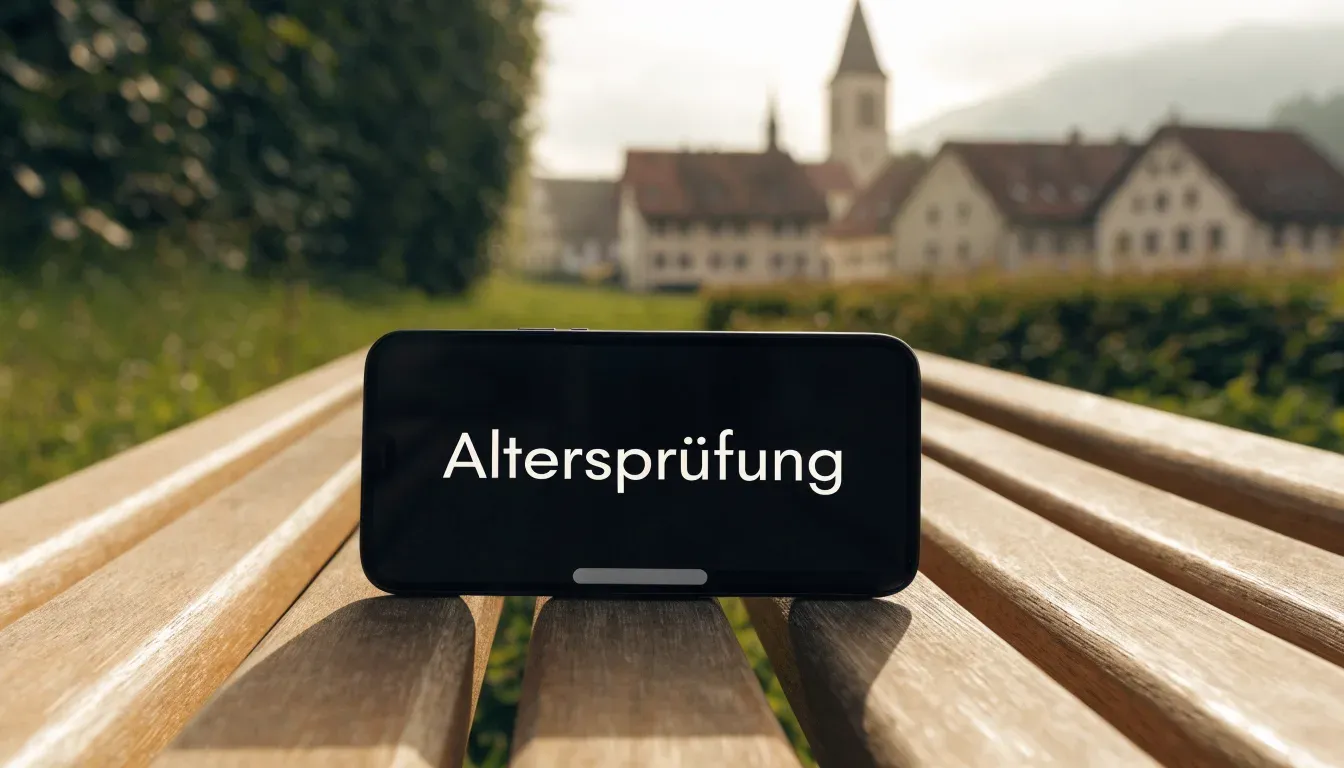 Ein Smartphone mit dunklem Display liegt auf einer Parkbank, dahinter ein Schweizer Dorf mit Kirchturm im Dunst