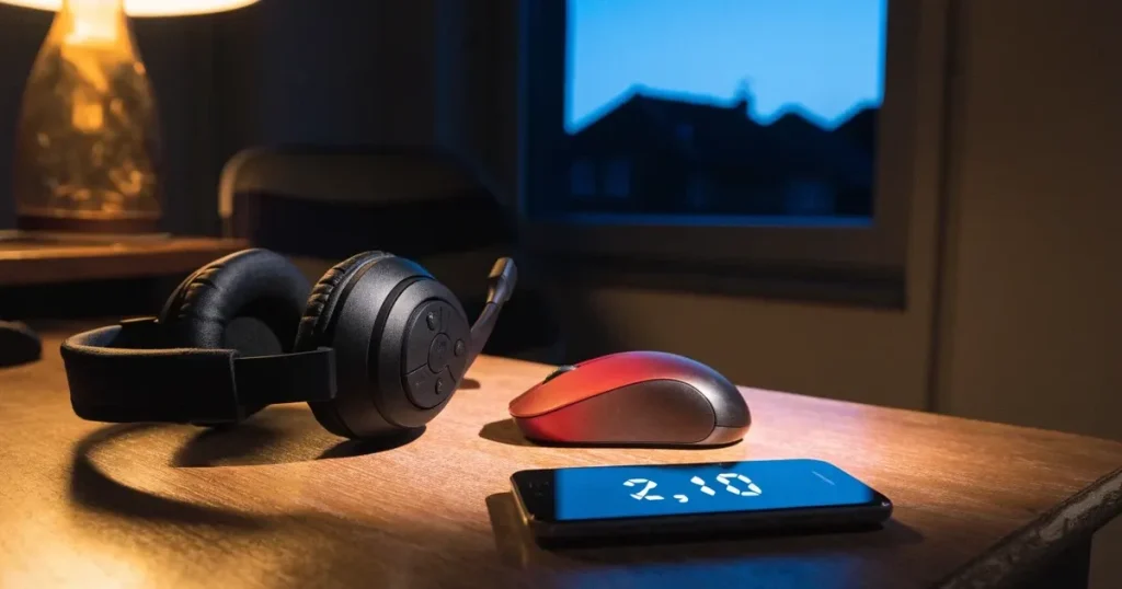 Ein Headset und eine Computermaus liegen auf einem Holzschreibtisch neben einer Tischlampe, draussen ist es Abend