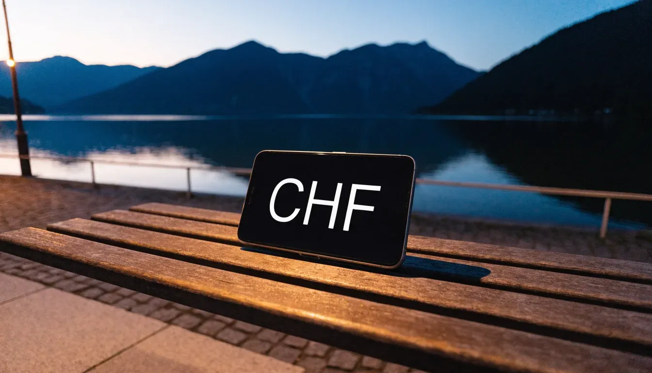 Eine leere Holzbank am Seeufer in der Dämmerung, im Hintergrund dunkle Berge