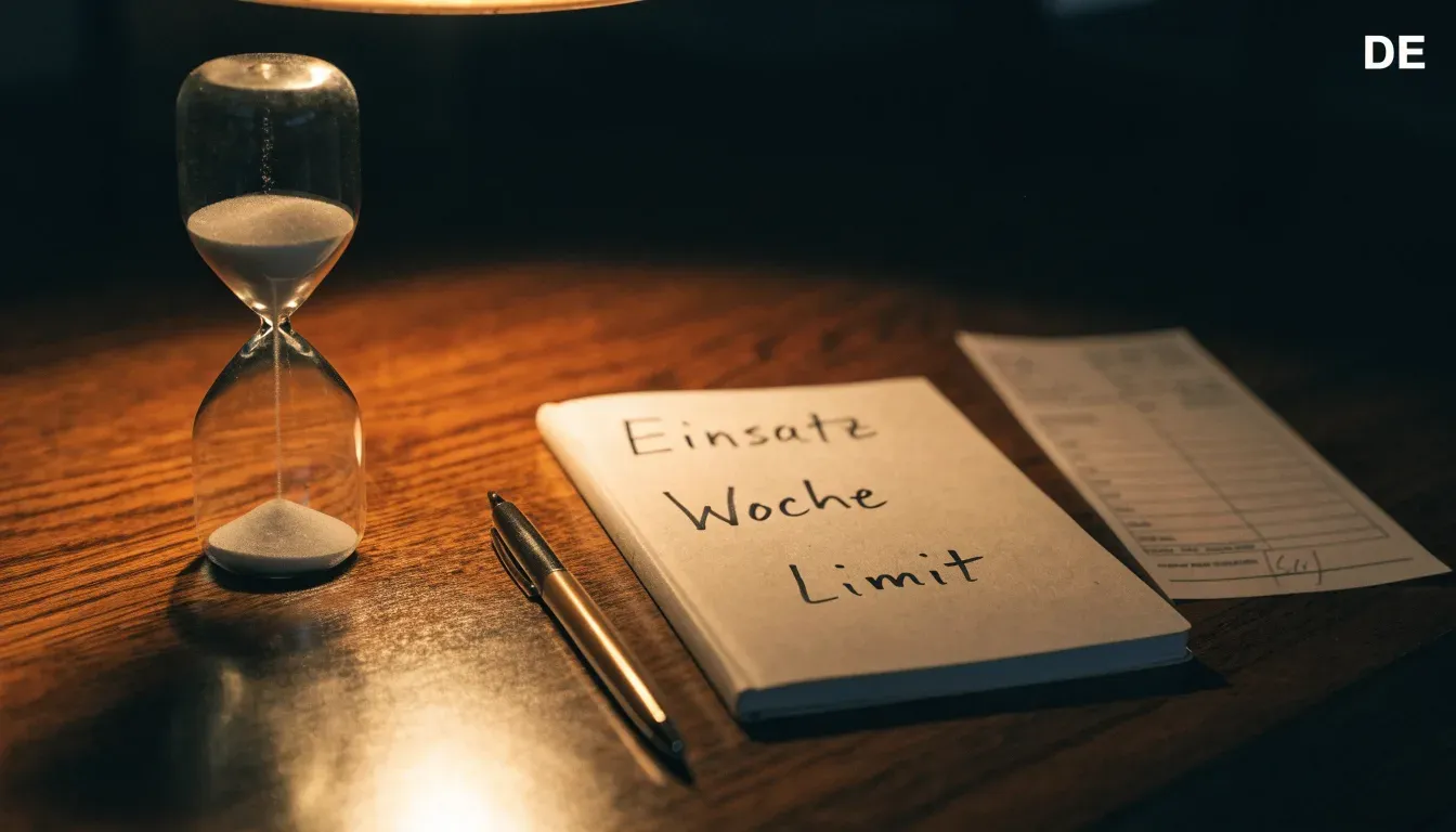 Eine Sanduhr steht auf einem Schreibtisch neben einem Notizbuch mit handschriftlichen Einträgen im Licht einer Lampe