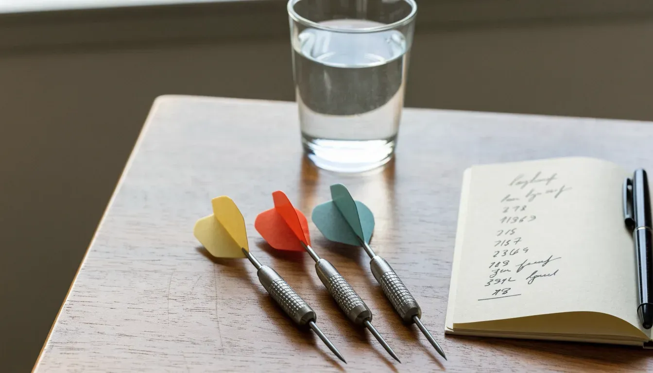 Drei Dartpfeile liegen auf einer Holzfläche neben einem Notizblock mit handschriftlichen Zahlen und einem Glas Wasser