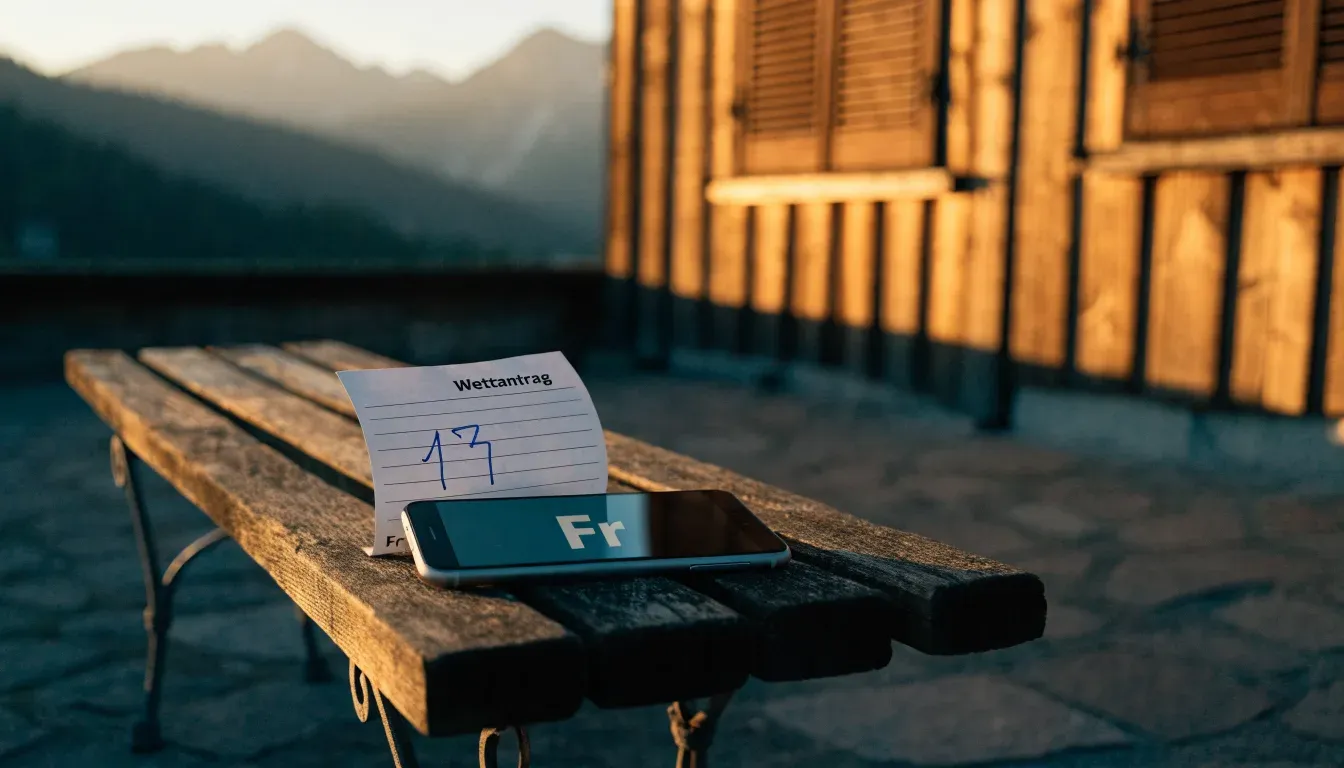 Eine Holzbank steht vor einem Chalet im Abendlicht, ein Schlüsselbund liegt darauf