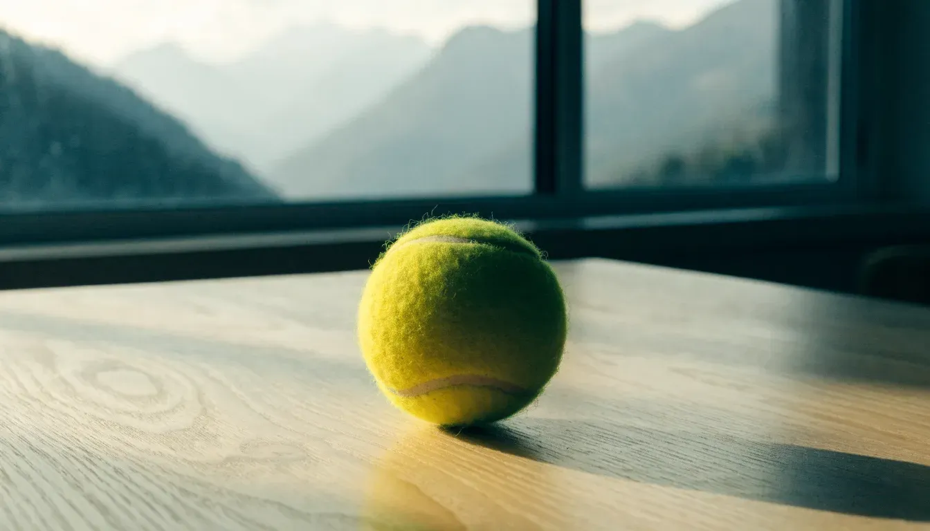 Ein einzelner gelber Tennisball liegt auf einem Holztisch vor einem Fenster mit Alpenblick