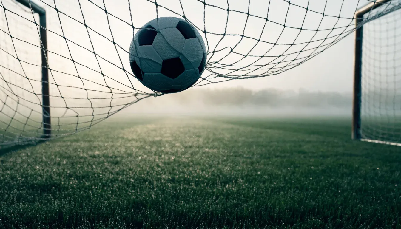 Ein Fussball liegt im Netz hinter einem Tor, weicher Morgennebel hängt über dem Rasen