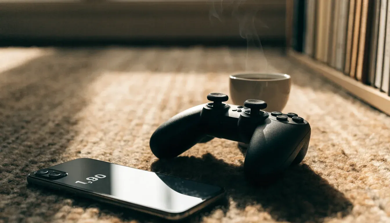 Ein Spielcontroller liegt auf einem Teppich neben einer Tasse, im Hintergrund ein Regal mit Büchern