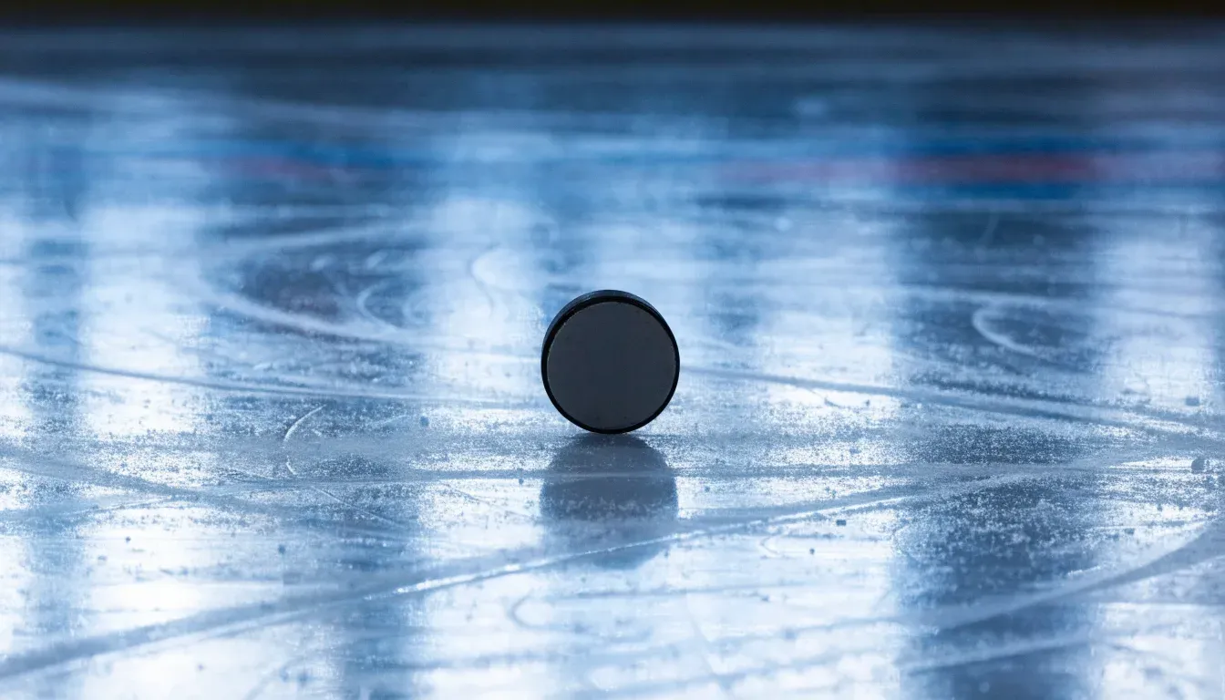 Ein Eishockeypuck liegt auf einer Eisfläche mit Kratzspuren, Nahaufnahme mit kühlen Reflexen
