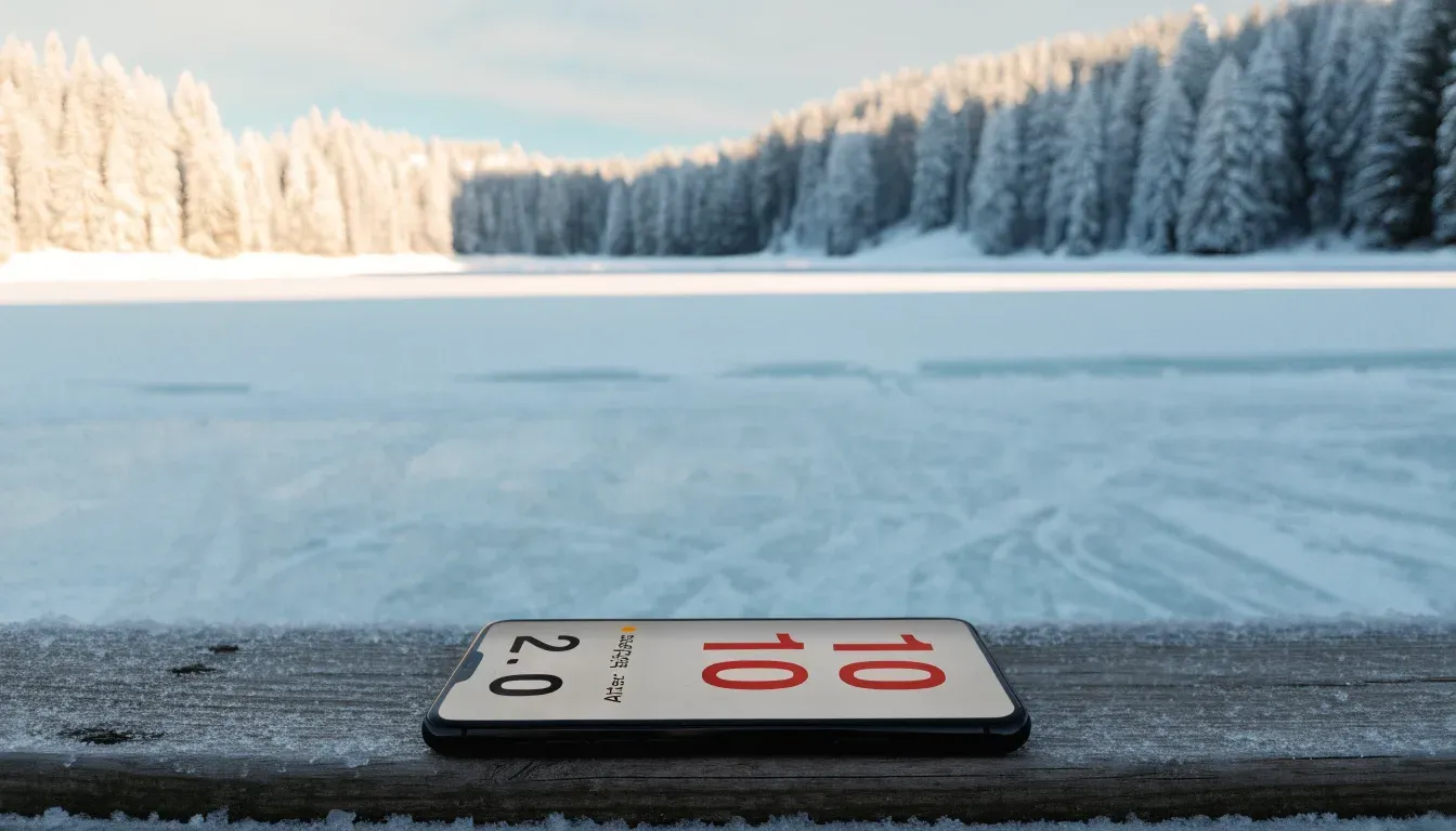 Ein zugefrorener Bergsee mit Spuren von Schlittschuhen am Morgen, dahinter ein verschneiter Wald