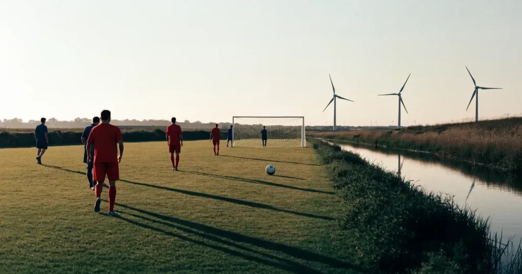 Ein Fussballplatz neben einem Kanal in flachem Land mit Windrädern am Horizont, Abendlicht liegt über dem Rasen