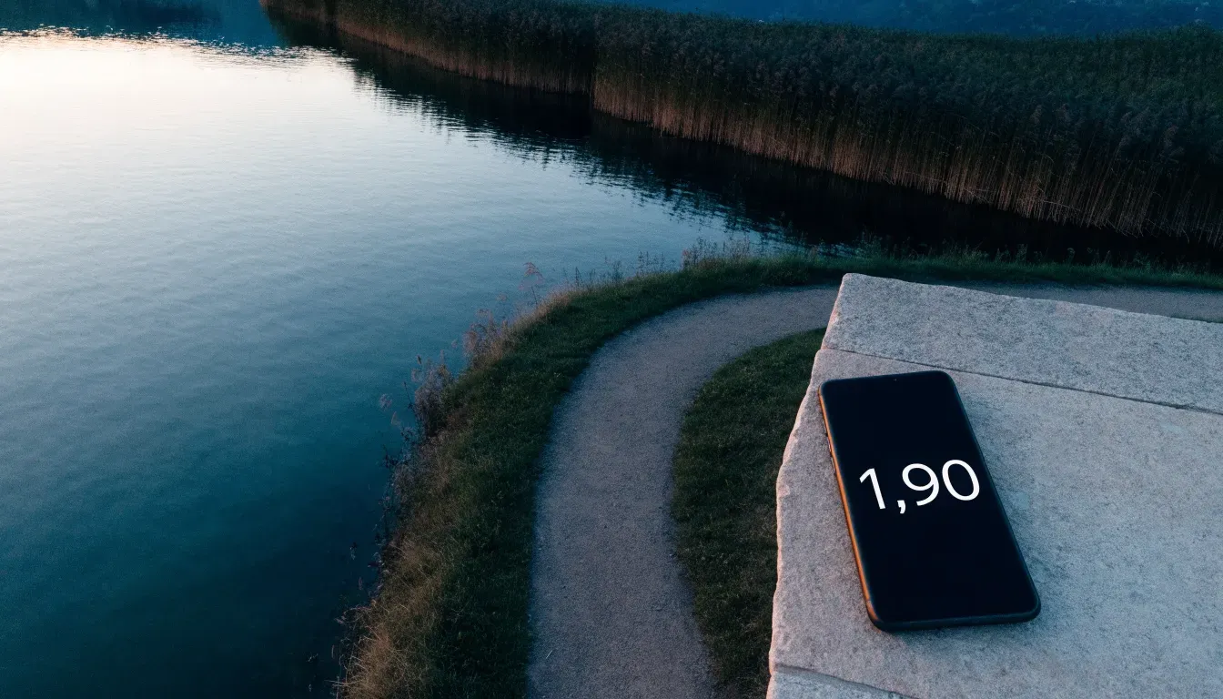 Ein schmaler Wanderweg führt am Seeufer entlang, auf einem Stein liegt ein Smartphone mit dunklem Display
