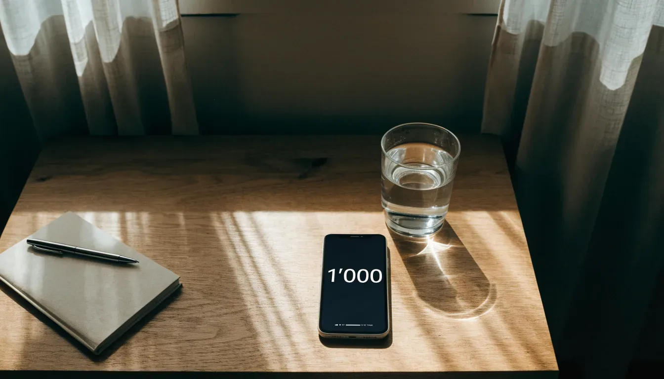 Eine Armbanduhr und ein Wasserglas stehen auf einem Nachttisch im ersten Morgenlicht, daneben ein zugeklapptes Buch.