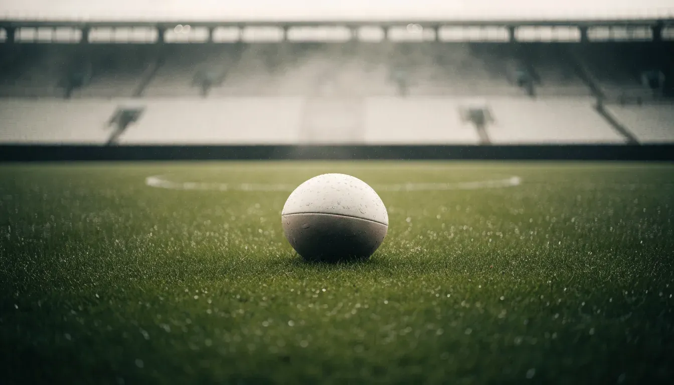 Ein Fussball liegt auf dem Anstosspunkt eines nassen Rasens, dahinter eine leere Tribüne unter grauem Himmel.