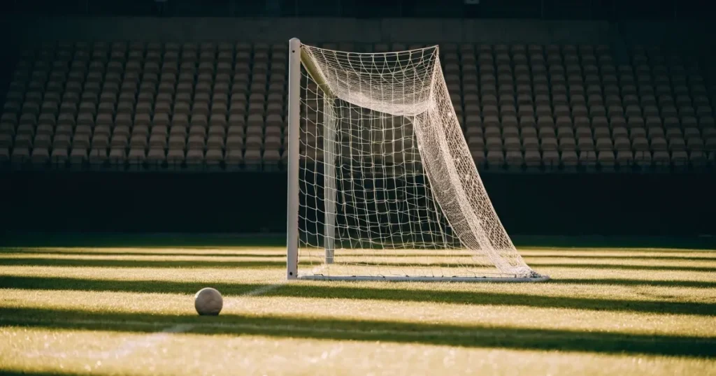Ein Fussballtor mit weissem Netz steht auf frisch gemähtem Rasen, die hellen und dunklen Streifen im Gras leuchten im Gegenlicht.