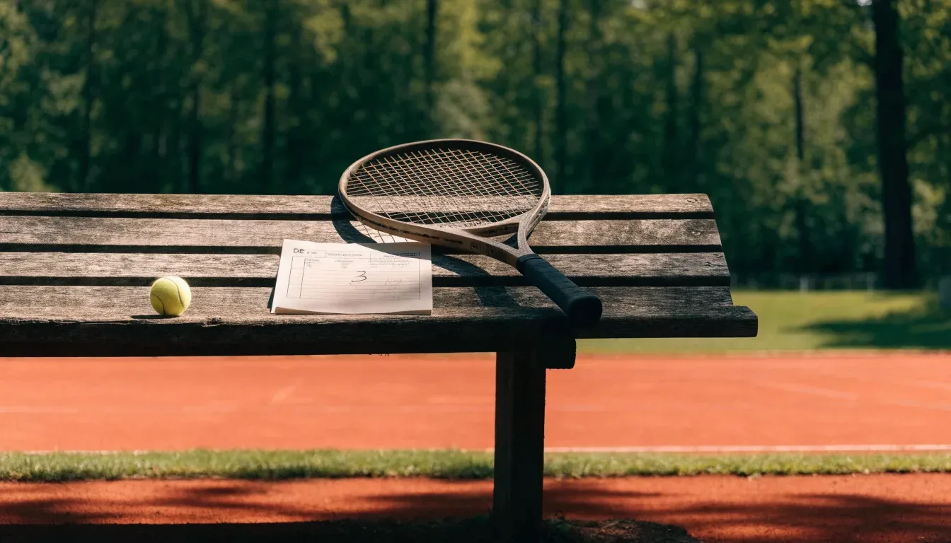 Ein Tennisball und ein Schläger ruhen auf einer Holzbank am Spielfeldrand, im Hintergrund hohe Bäume im Sommerlicht.