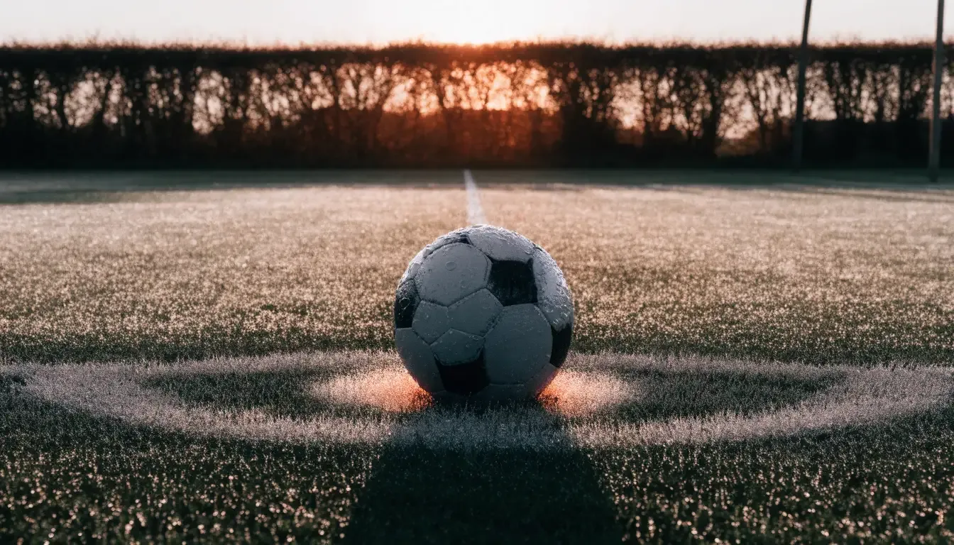 Ein Fussball liegt im Tau auf der Mittellinie eines Dorfplatzes bei Sonnenaufgang, der Rasen glitzert.