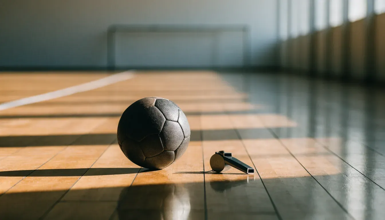 Ein kleiner, schwerer Ball liegt auf glattem Hallenparkett neben einer Trillerpfeife an einer Schnur.